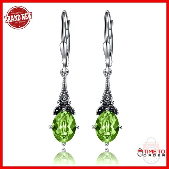Sterling Silver Drop Dangle Leverback Earrings with Oval Crystal
